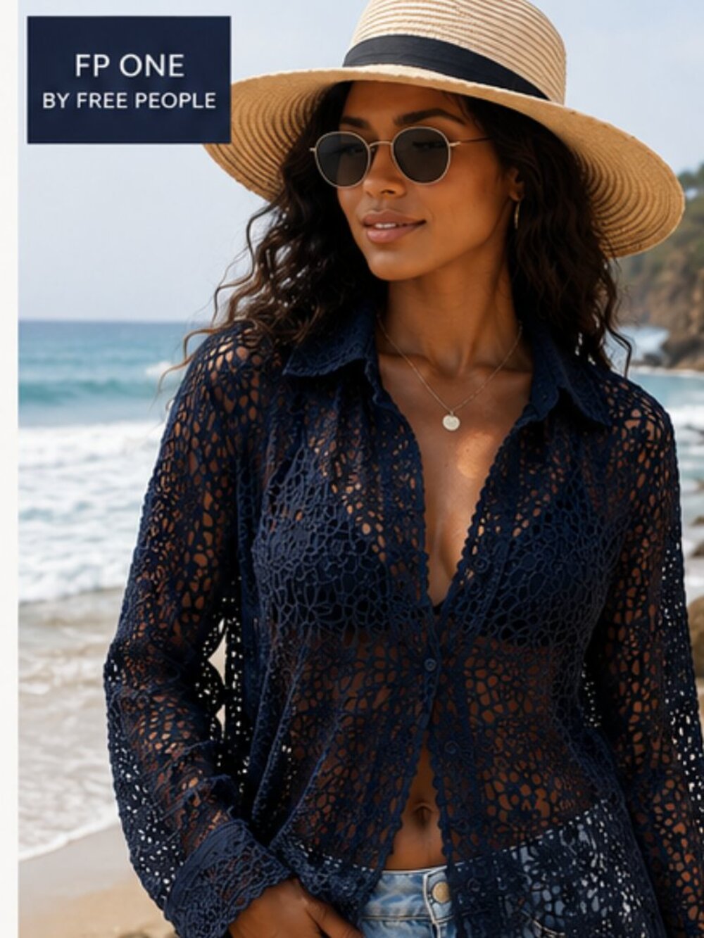FP One Free People Navy Crochet Button Front Top Size Large